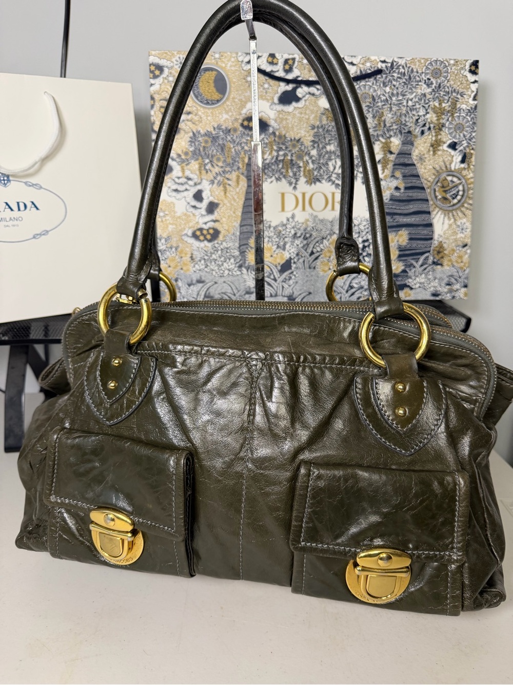 Marc Jacobs Blake Leather Satchel Olive Green Gold Hardware Shoulder Bag